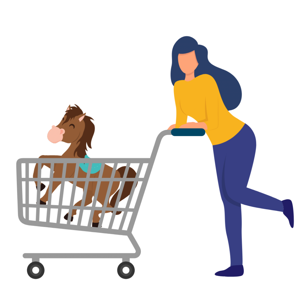 Woman with a horse in a shopping cart.