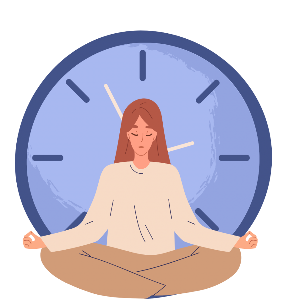 woman in a meditation pose in front of a clock.